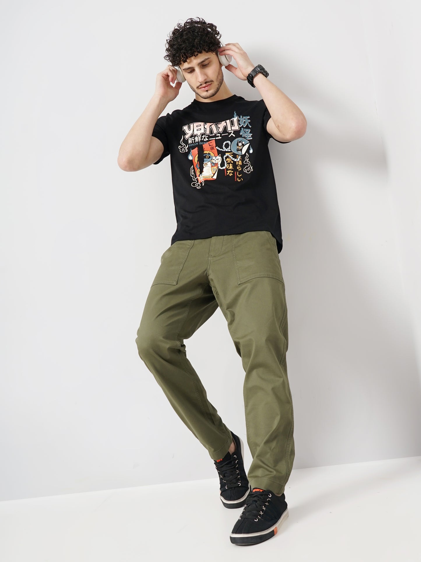 Celio* Printed Regular Fit Cotton Black T-Shirt