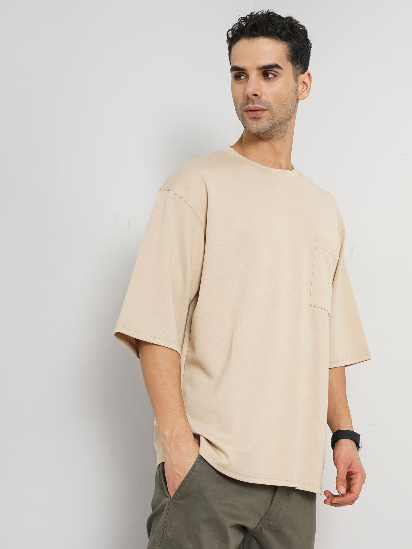 Celio* Solid Oversized Cotton Beige T-Shirt