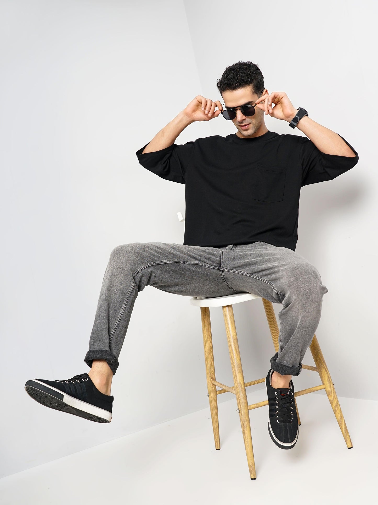 Celio* Solid Oversized Cotton Black T-Shirt