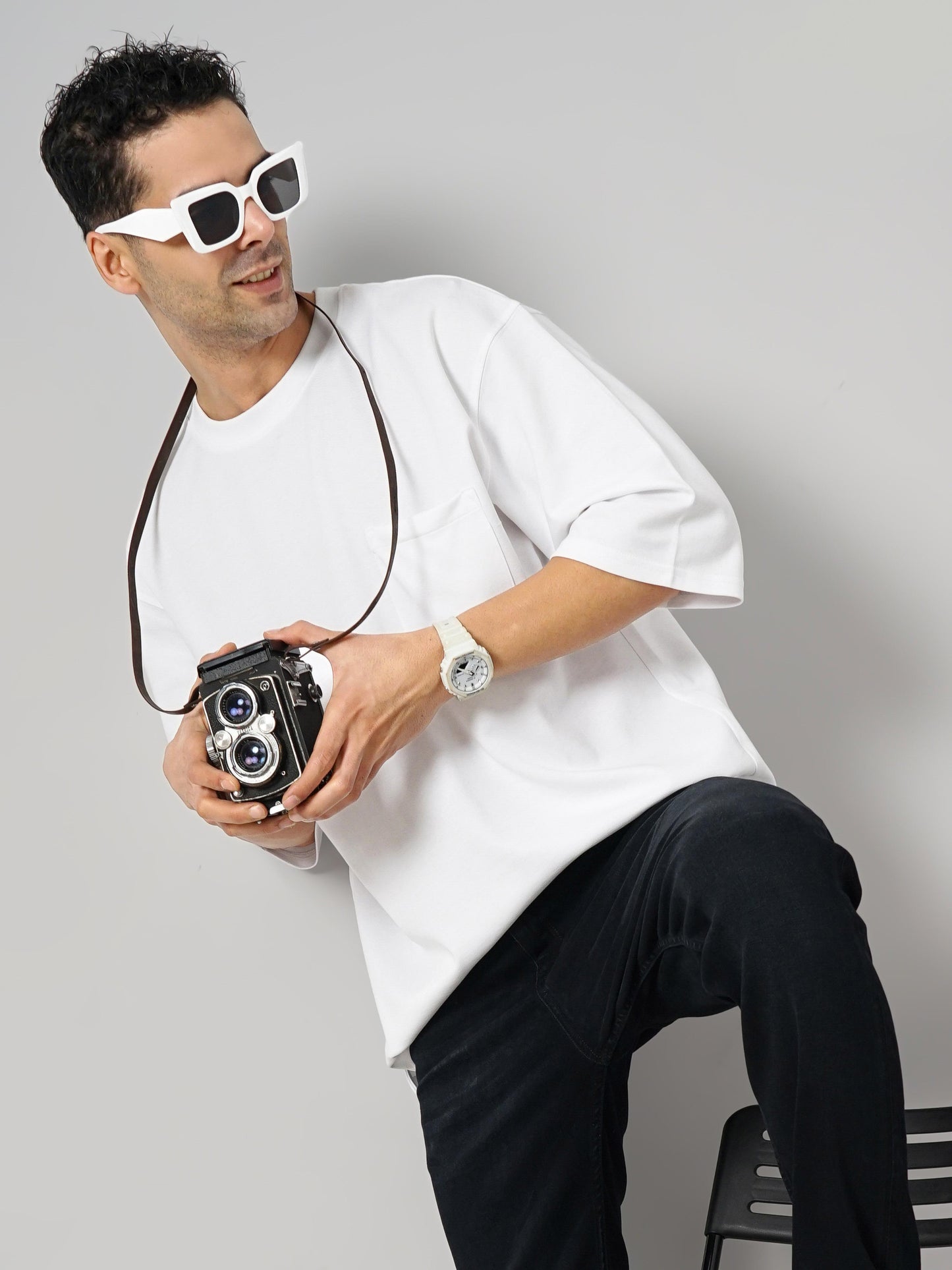 Celio* Solid Oversized Cotton White T-Shirt