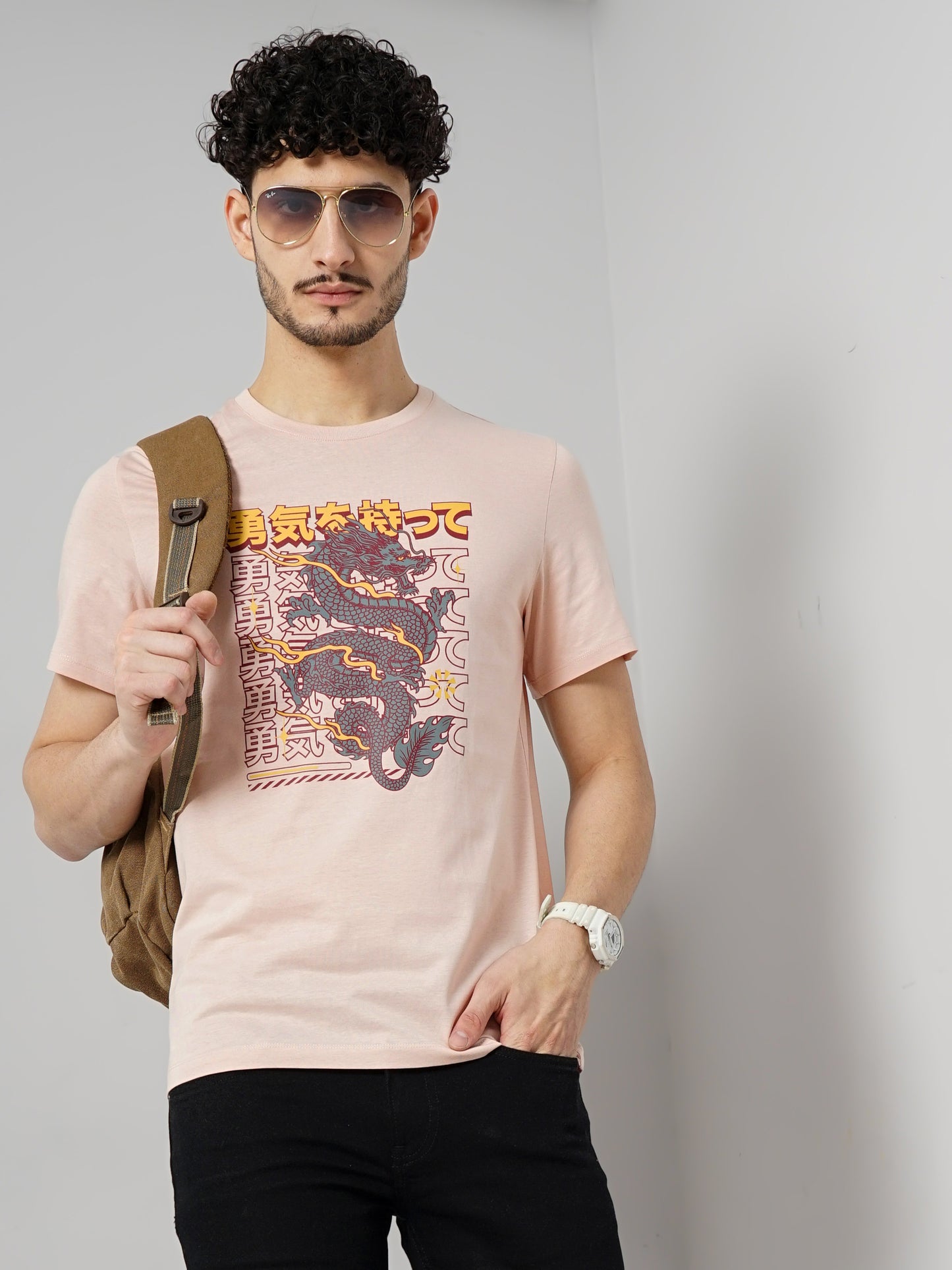 Celio* Printed Regular Fit Cotton Peach T-Shirt