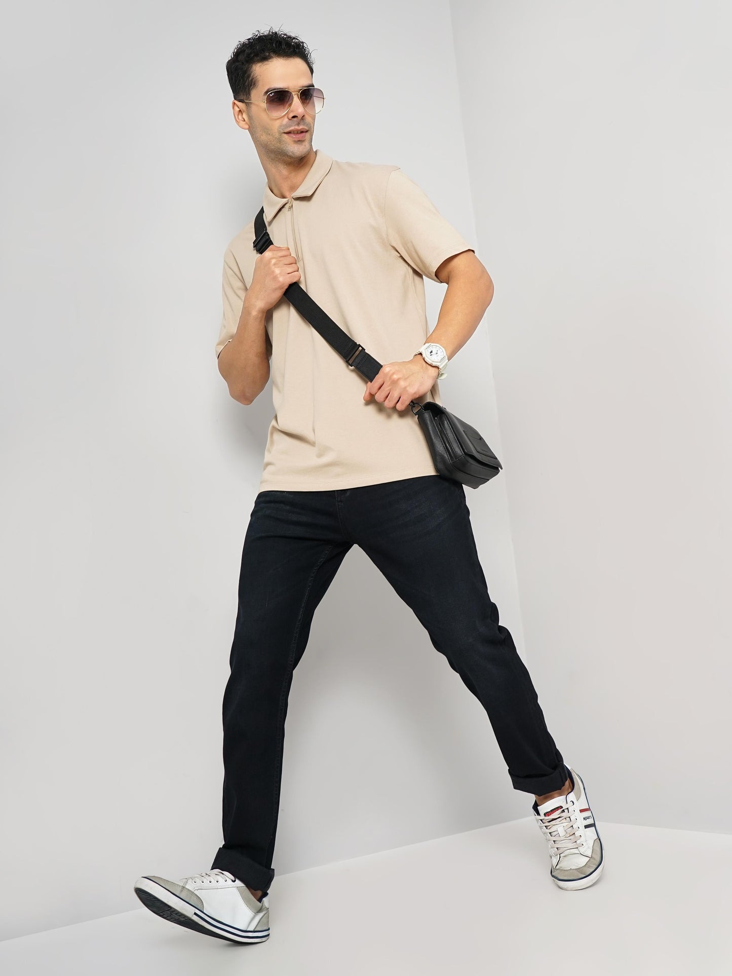 Celio* Solid Slim Fit Cotton Beige T-Shirt
