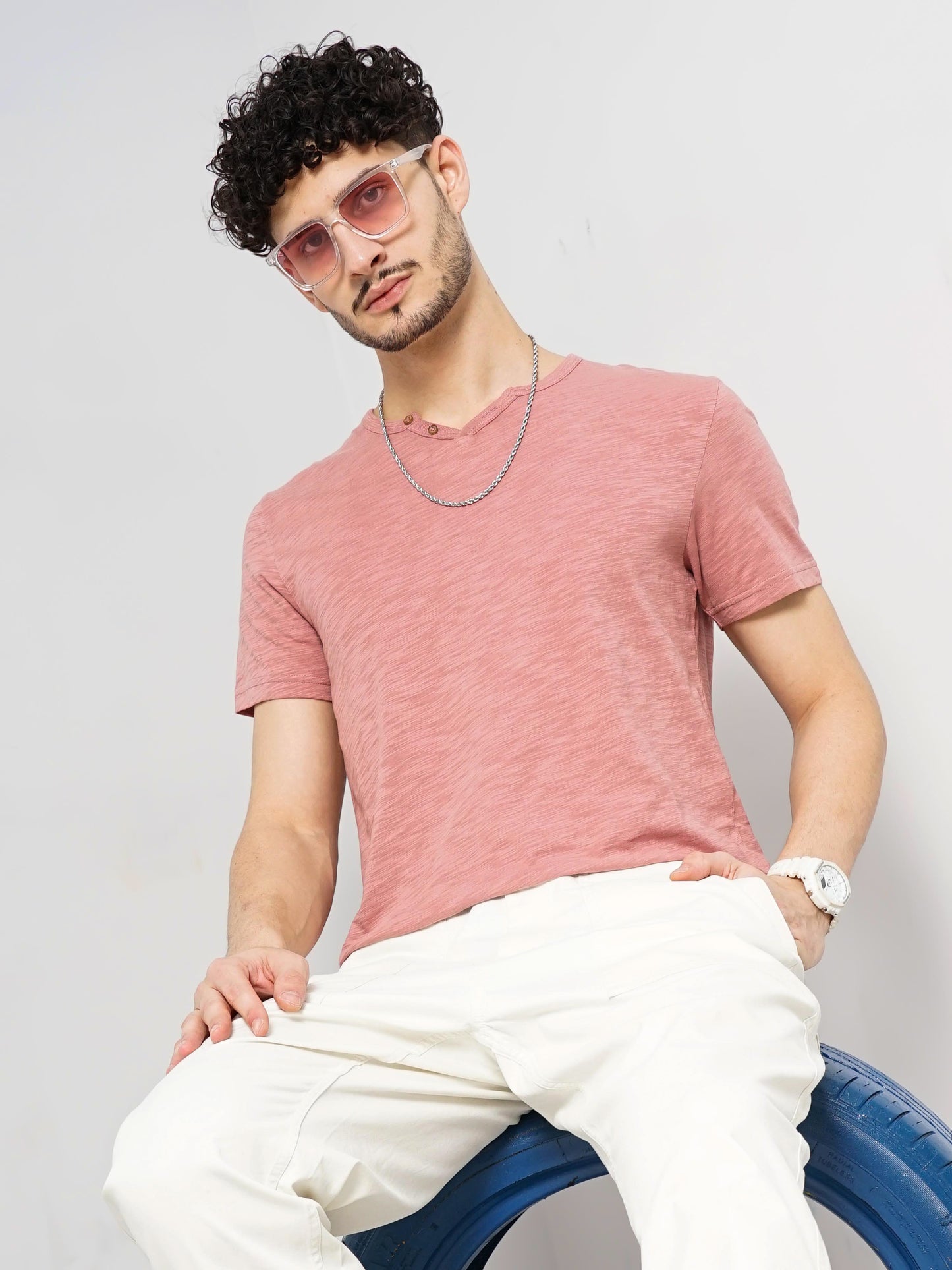 Celio* Solid Regular Fit Cotton Pink T-Shirt