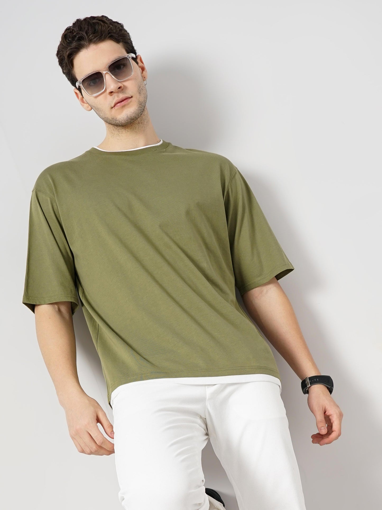 Celio* Solid Regular Fit Cotton Olive T-Shirt