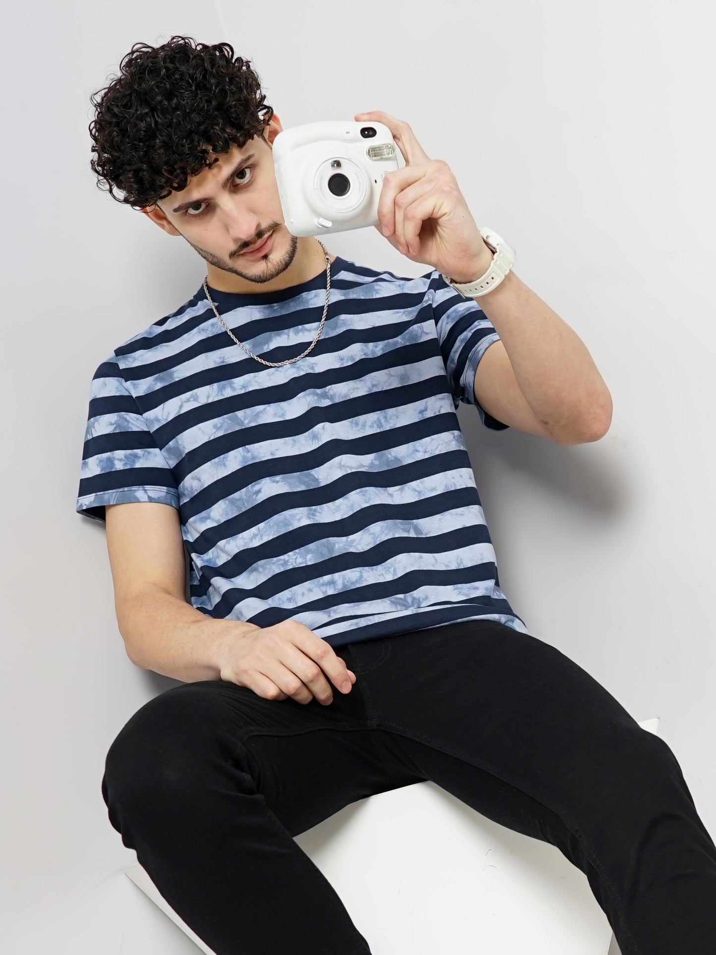 Celio* Striped Regular Fit Cotton Blue T-Shirt