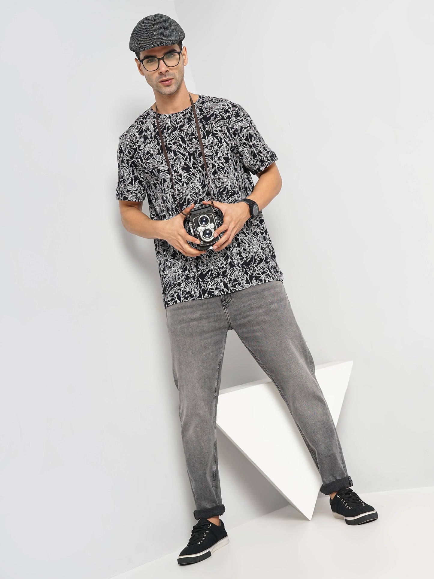 Celio* Printed Regular Fit Cotton Black T-Shirt