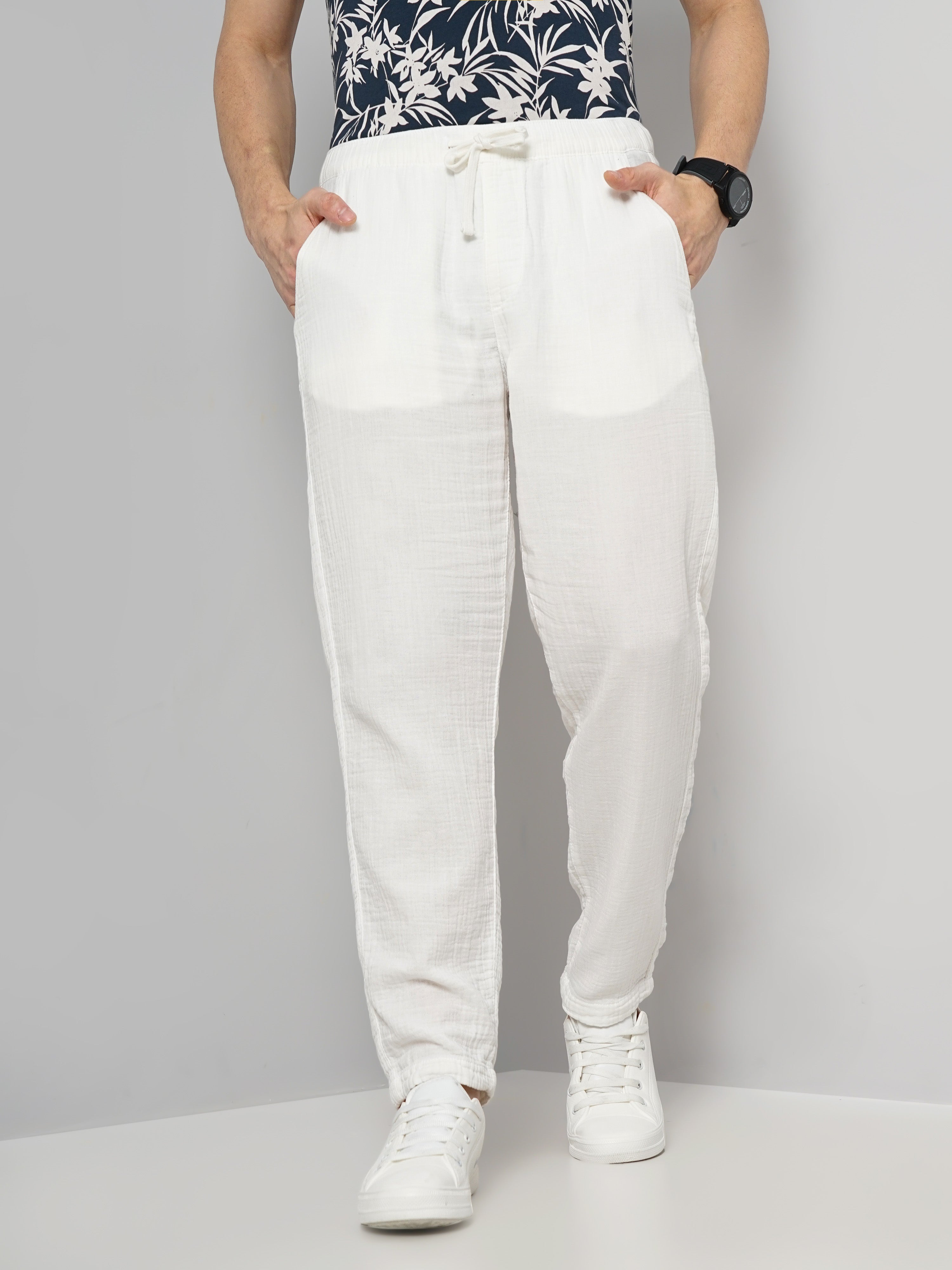 Shop Stylish Men's White Cotton Trouser for Comfort Celio