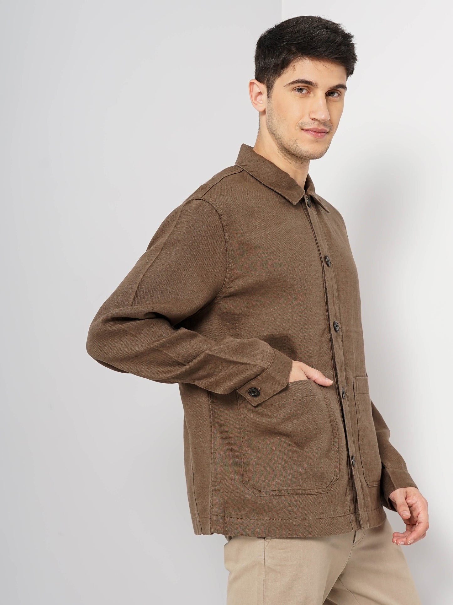 Celio* Solid Regular Fit Linen Brown Jacket