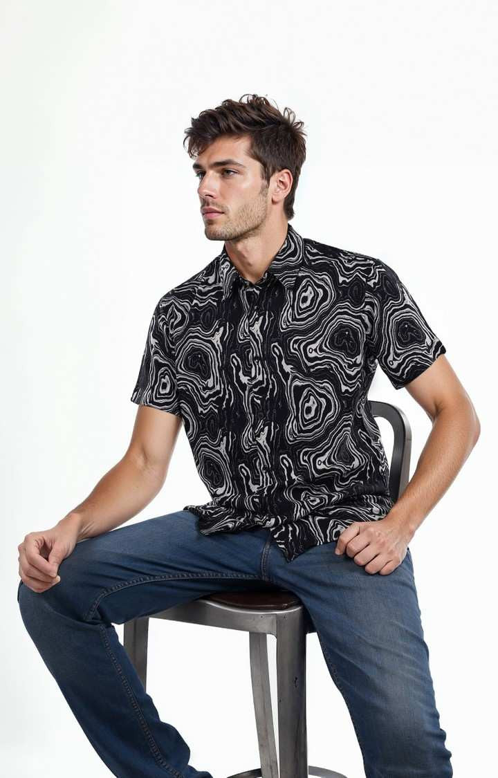 Celio Men Black Printed Regular Fit Viscose Shirts