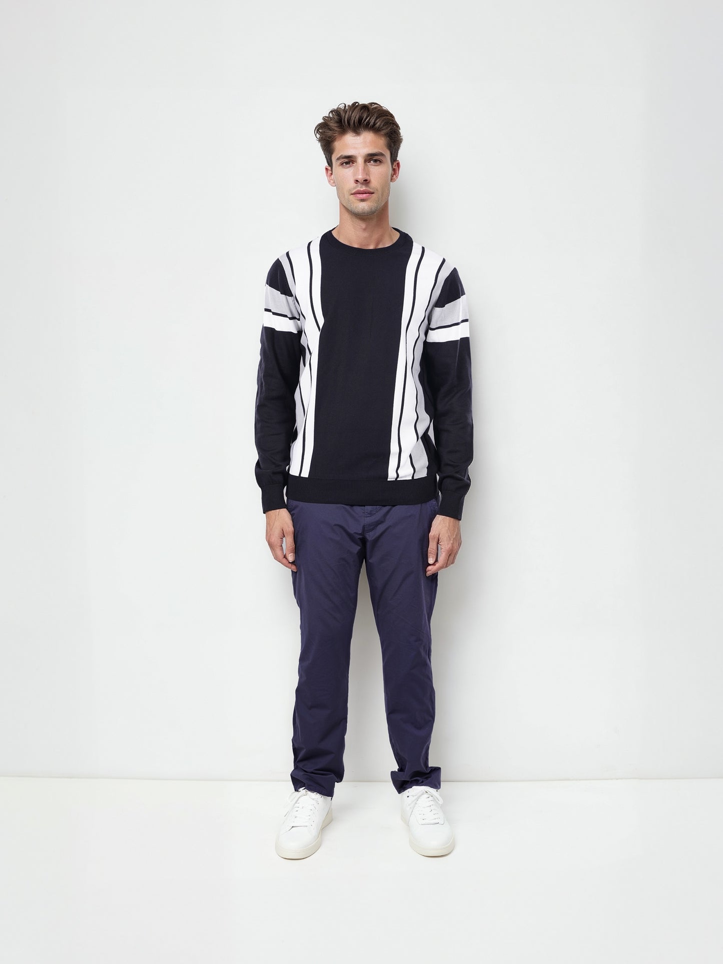 Celio Men Black Striped Regular Fit Cotton Sweaters