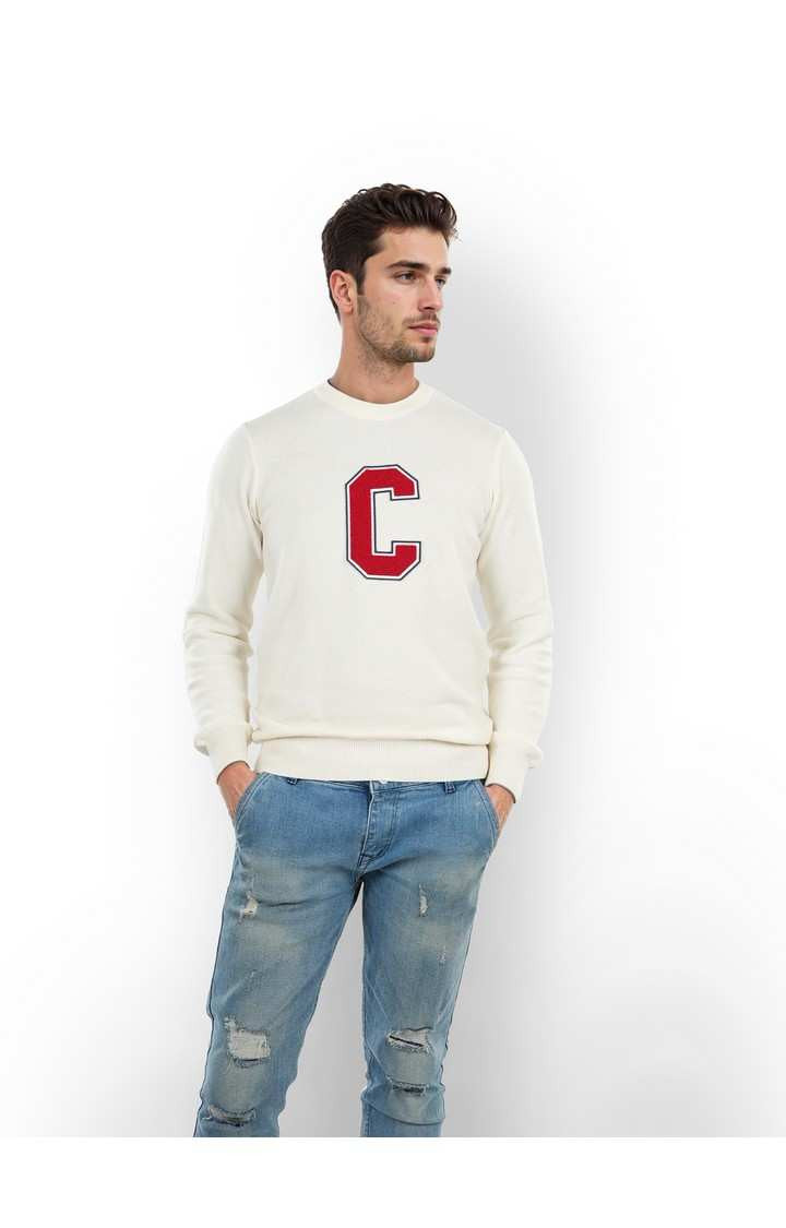 Celio Men Off White Embroidered Regular Fit Cotton Sweaters
