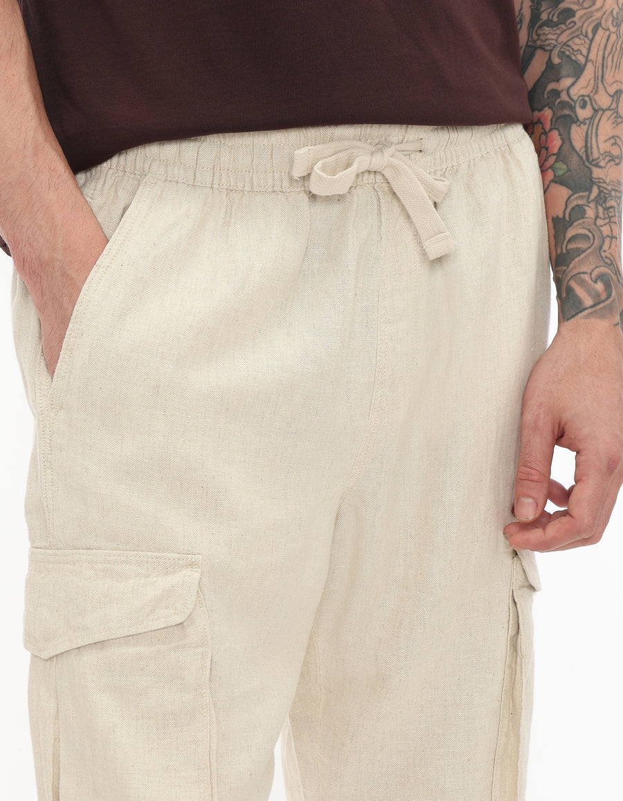 Straight Fit Cotton Linen Trousers - Cream