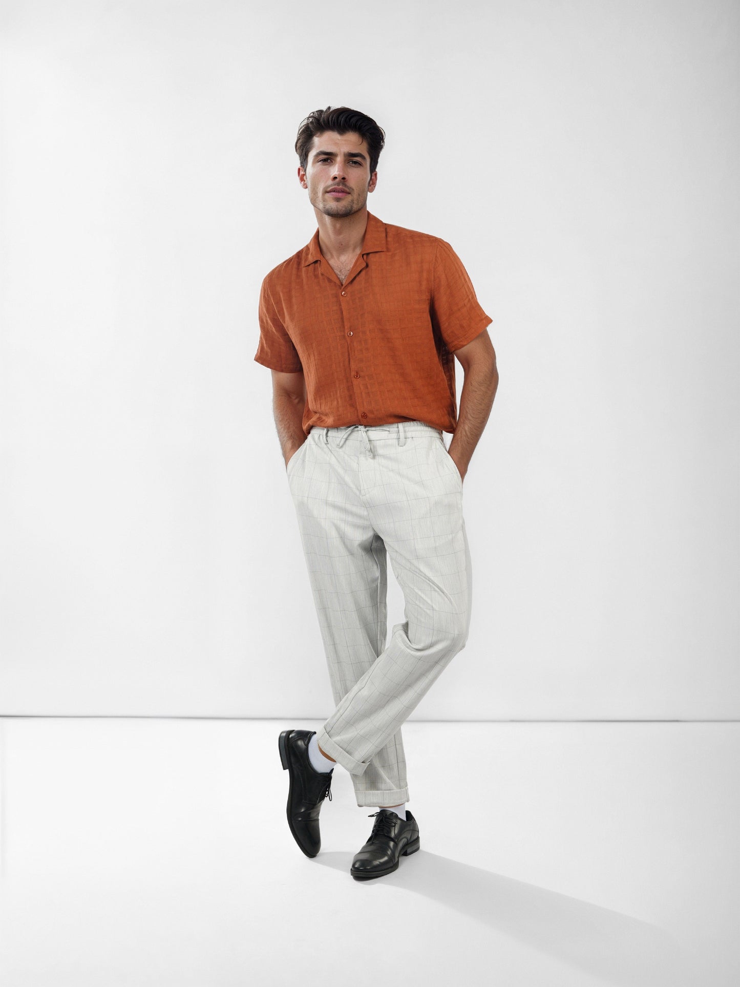 Celio Men White Checked Slim Fit Polyester Trousers