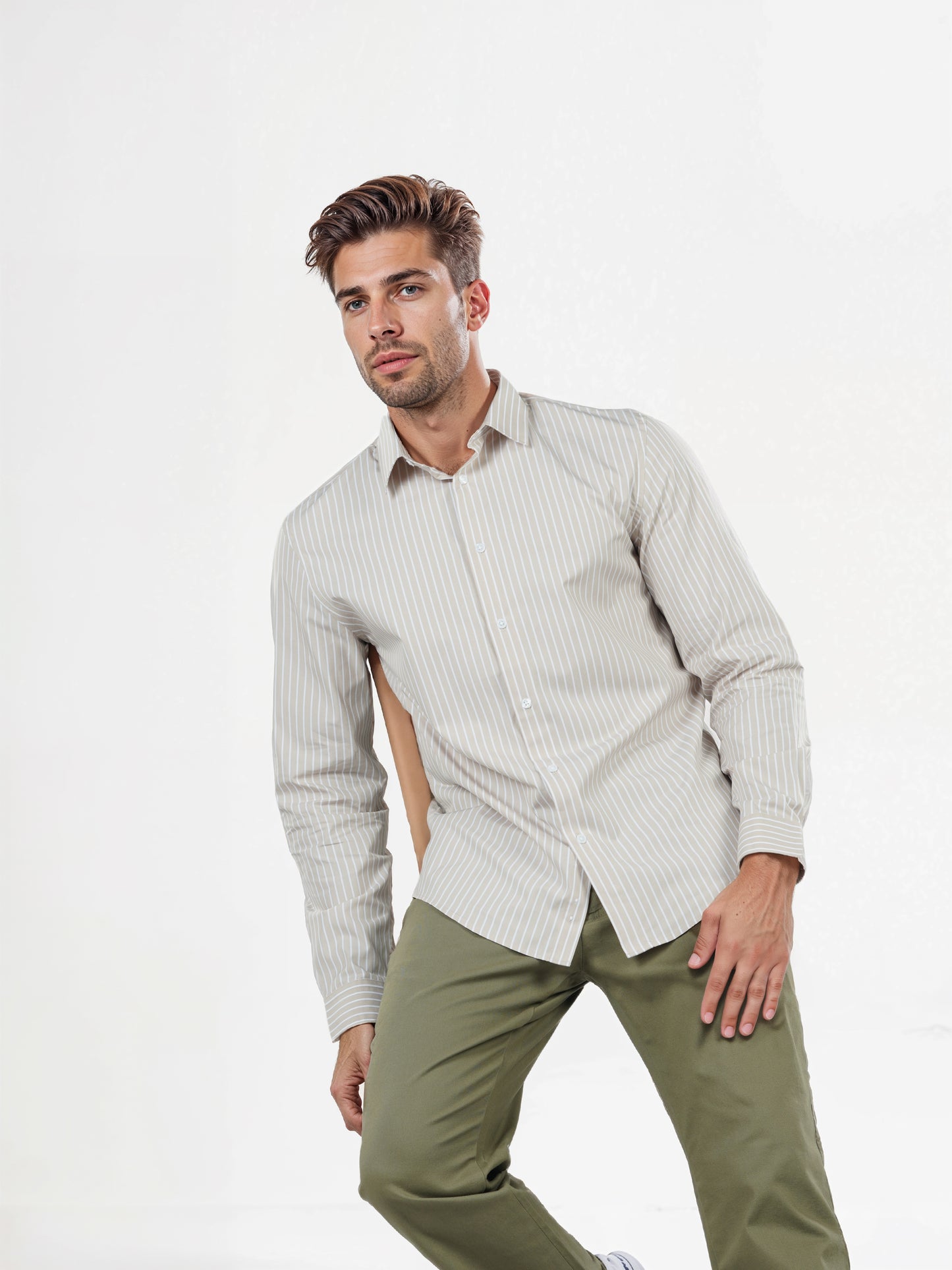 Celio* Striped Regular Fit Cotton Beige Shirts