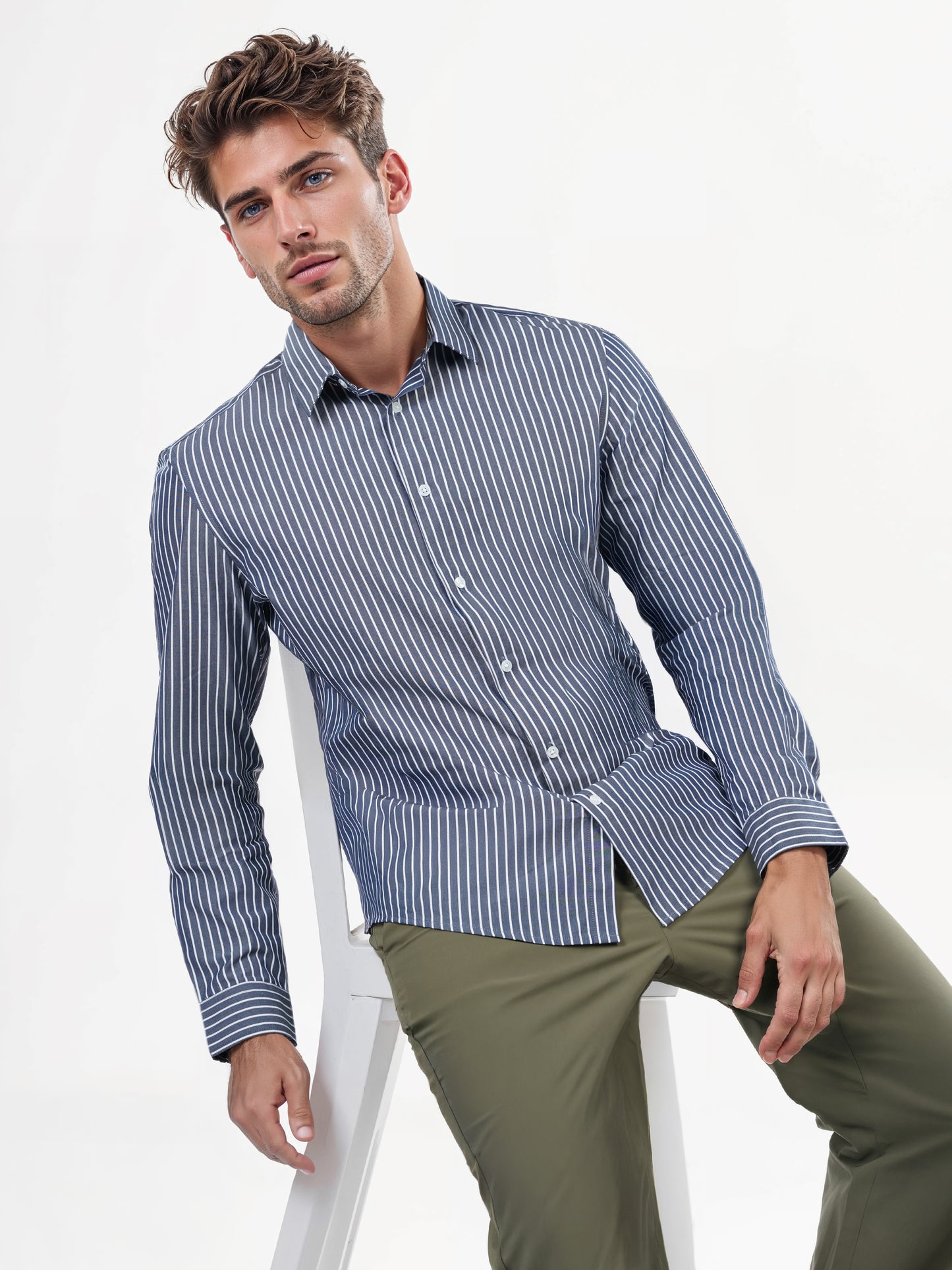 Celio* Striped Regular Fit Cotton Navy Blue Shirts