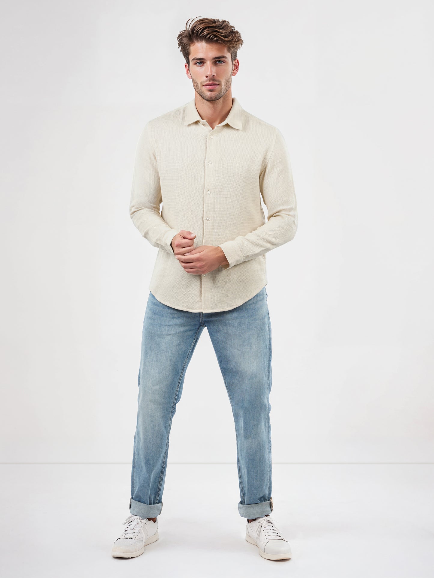 Celio* Solid Regular Fit Cotton Beige Shirts