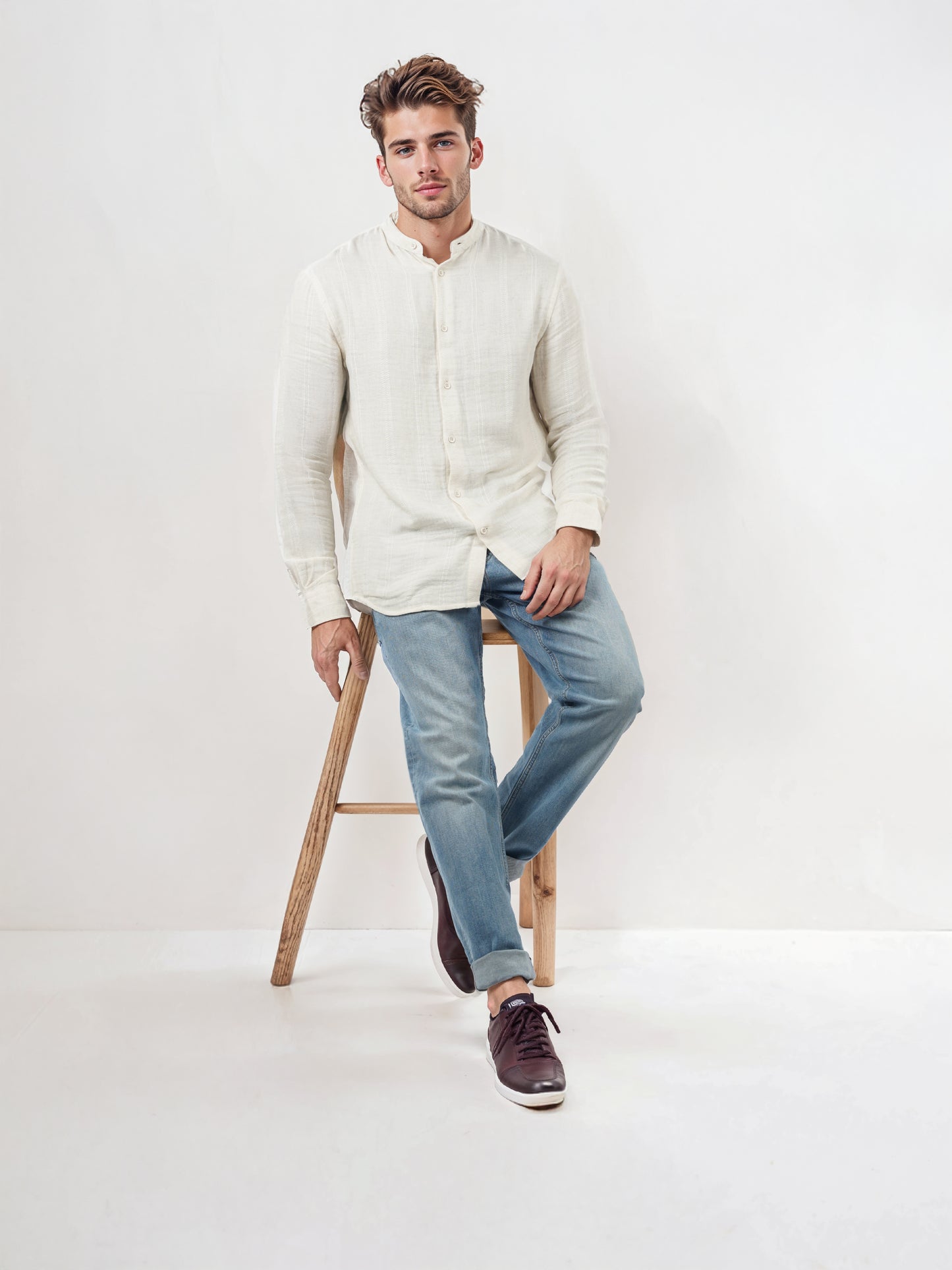 Celio* Solid Regular Fit Cotton-Blend Off White Shirts