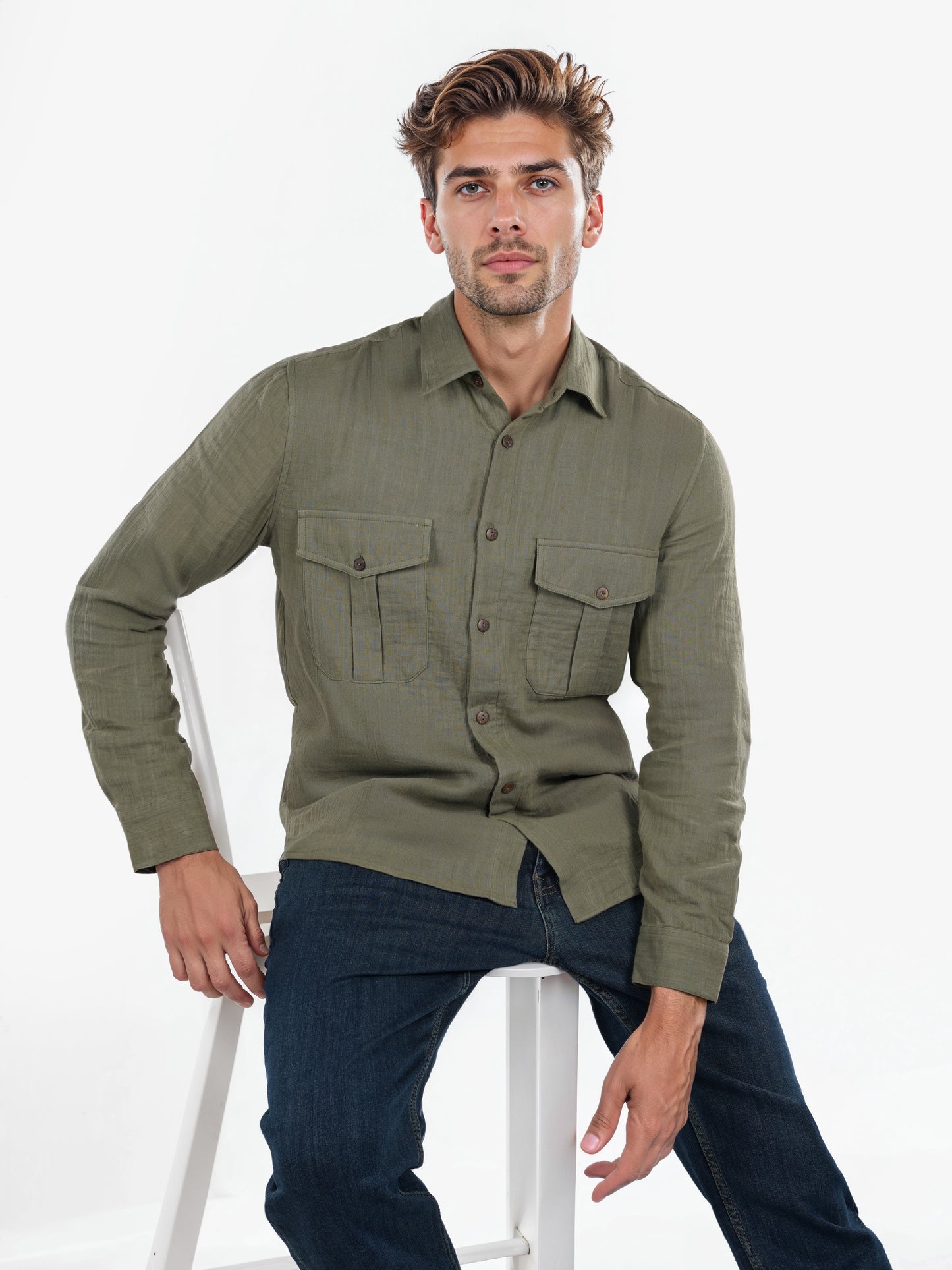 Celio* Solid Regular Fit Cotton Olive Shirt