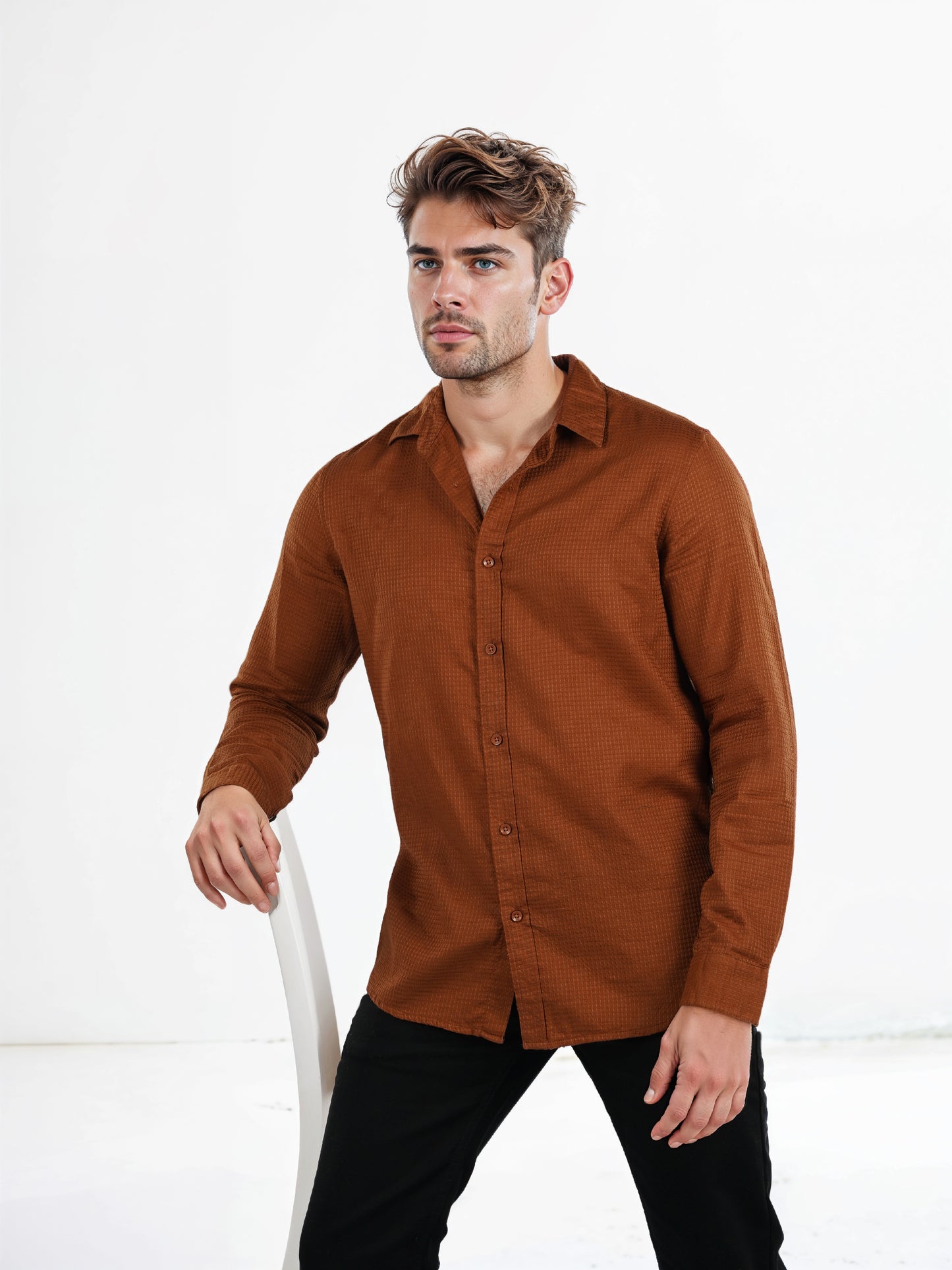 Celio* Solid Regular Fit Cotton Brown Shirt