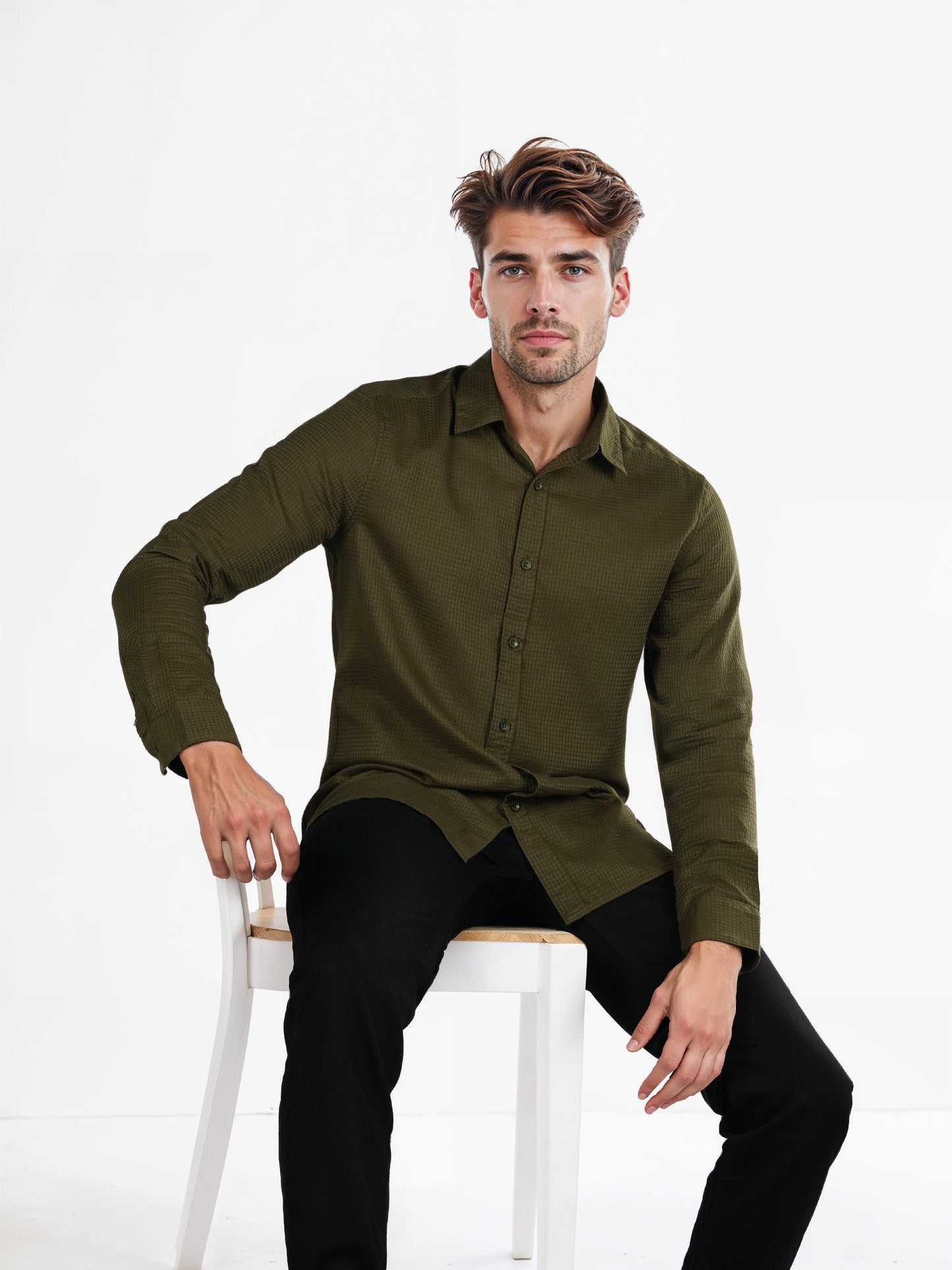 Celio* Solid Regular Fit Cotton Olive Shirt