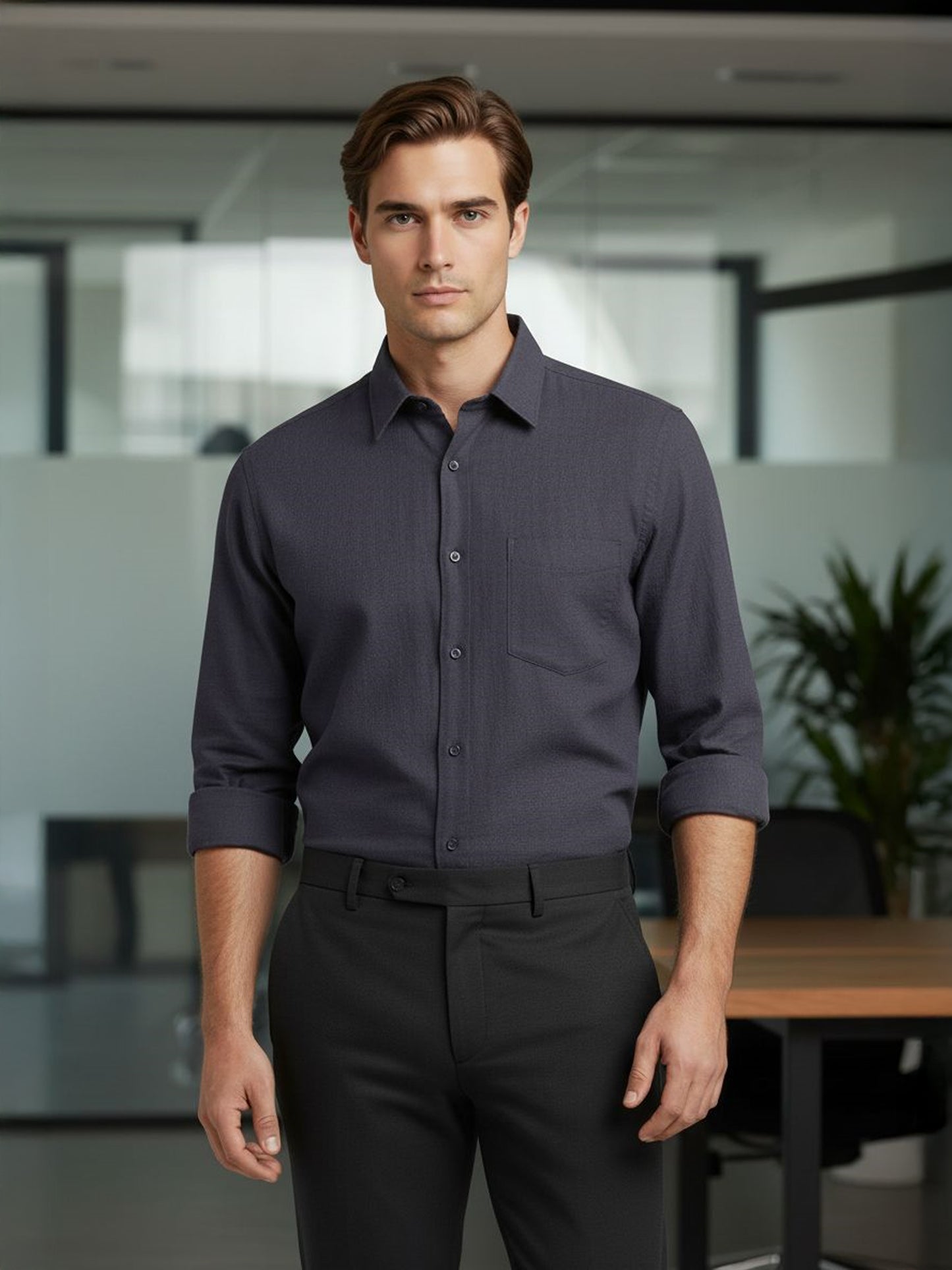 Celio* Men Grey Solid Regular Fit Linen Shirts