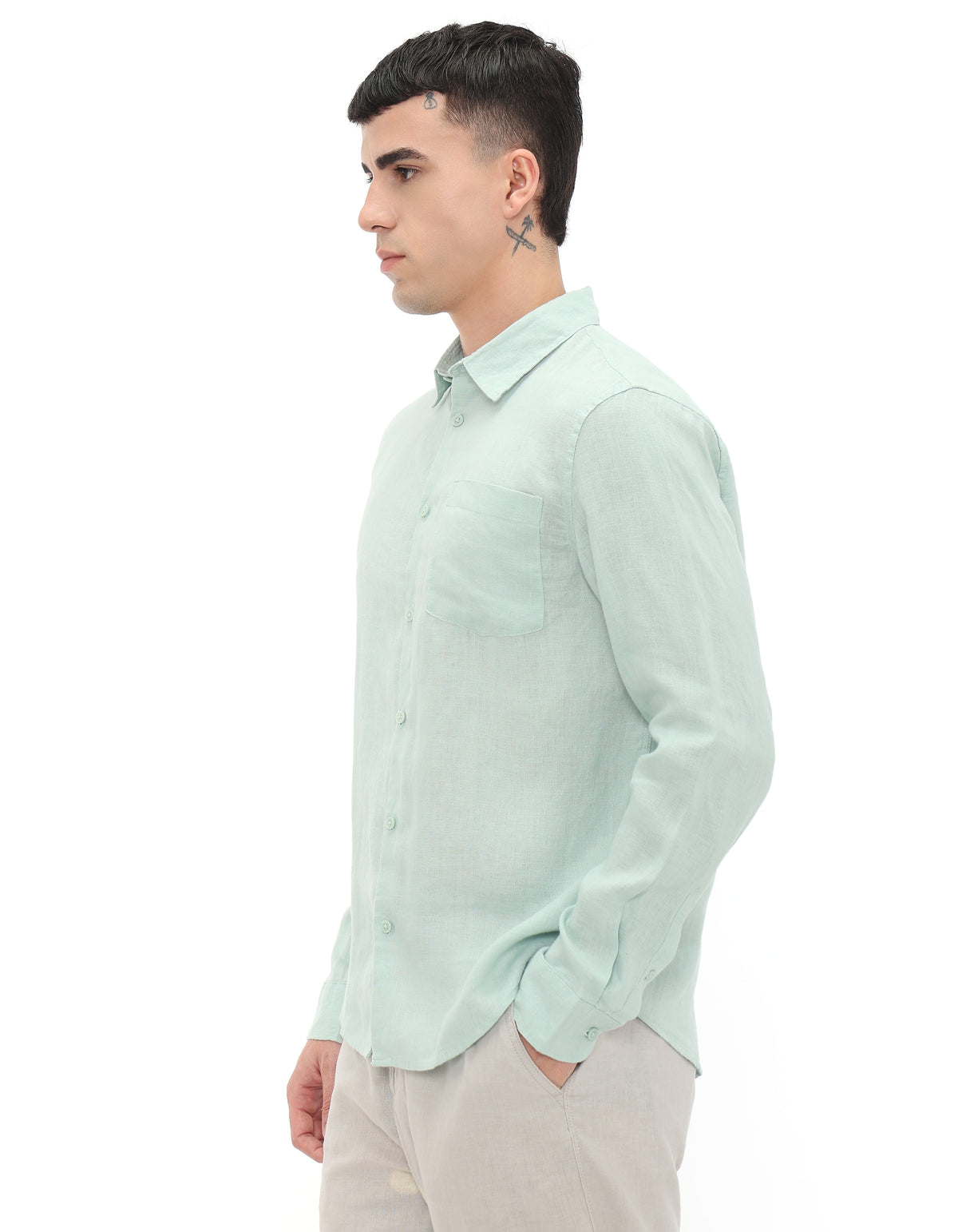 Regular Fit 100% Linen Regular Collar Shirt - Green
