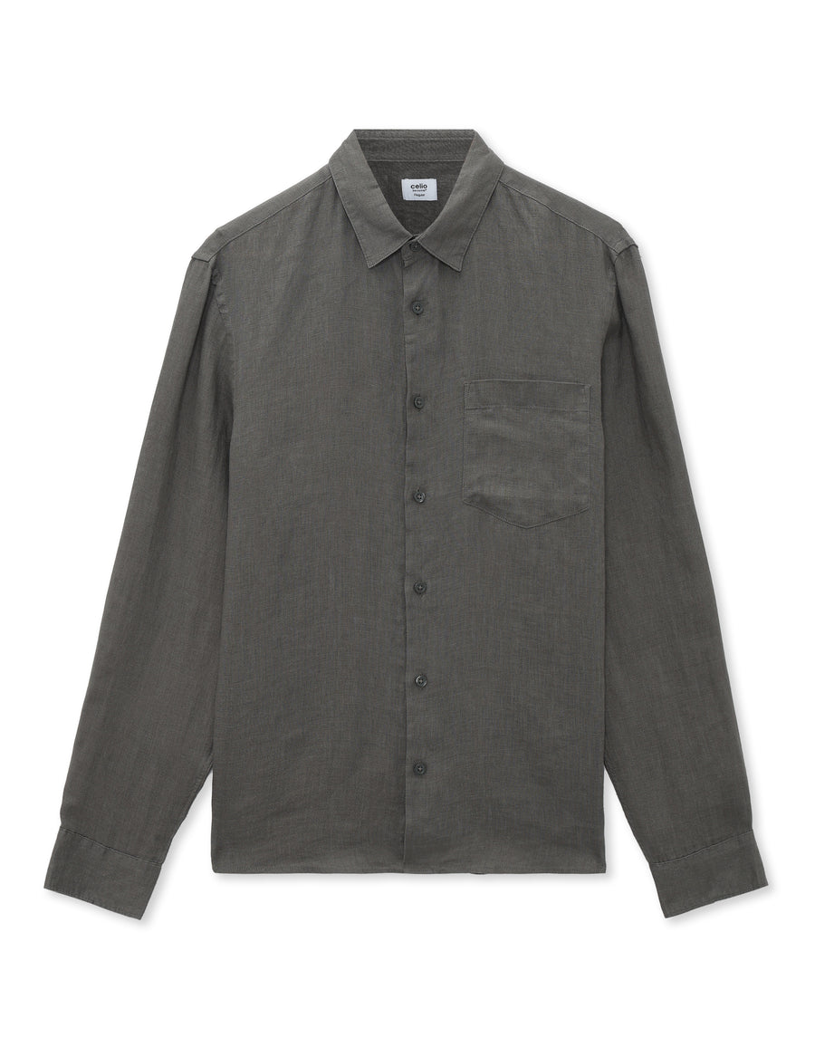Regular Fit 100% Linen Spread Collar Shirt - Grey
