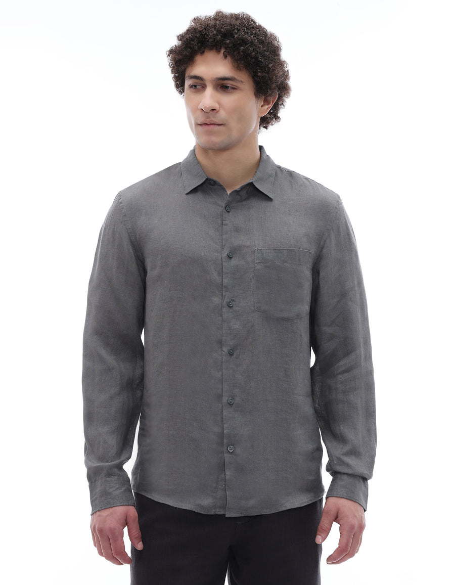 Regular Fit 100% Linen Spread Collar Shirt - Grey
