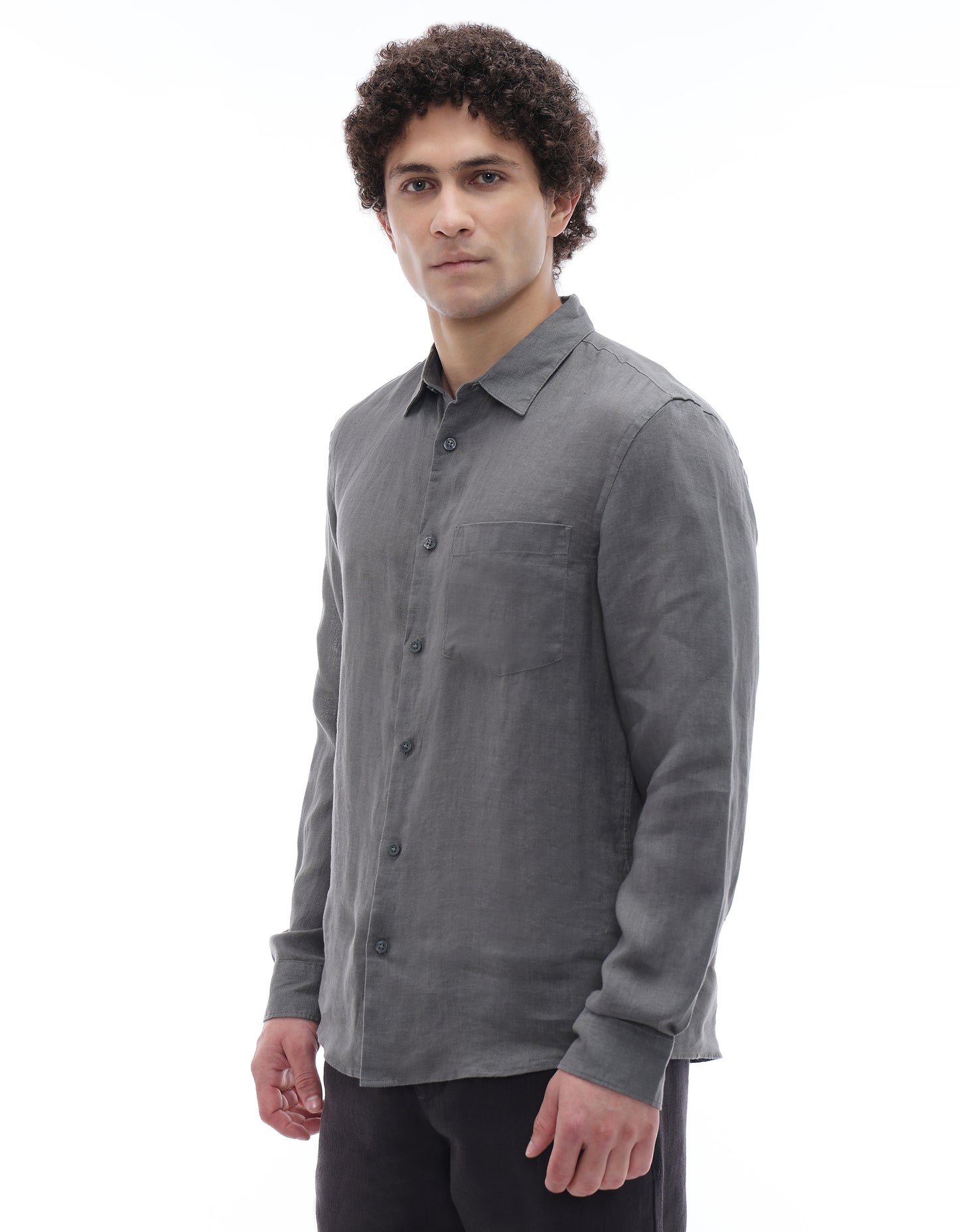 Regular Fit 100% Linen Spread Collar Shirt - Grey
