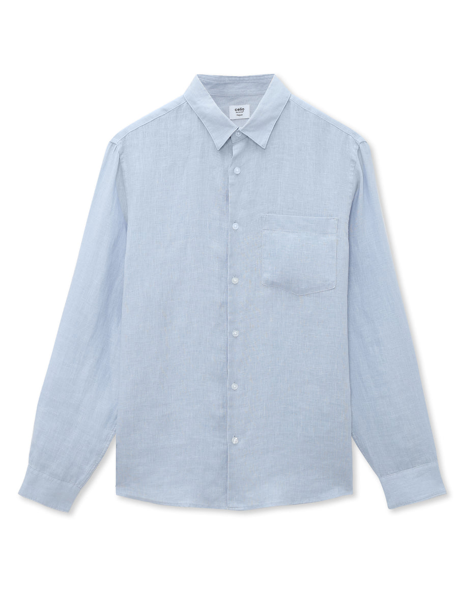Regular Fit 100% Linen Spread Collar Shirt - Blue