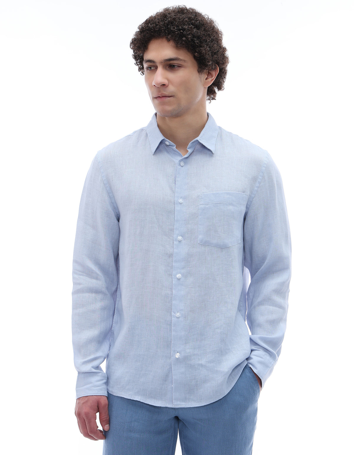 Regular Fit 100% Linen Spread Collar Shirt - Blue