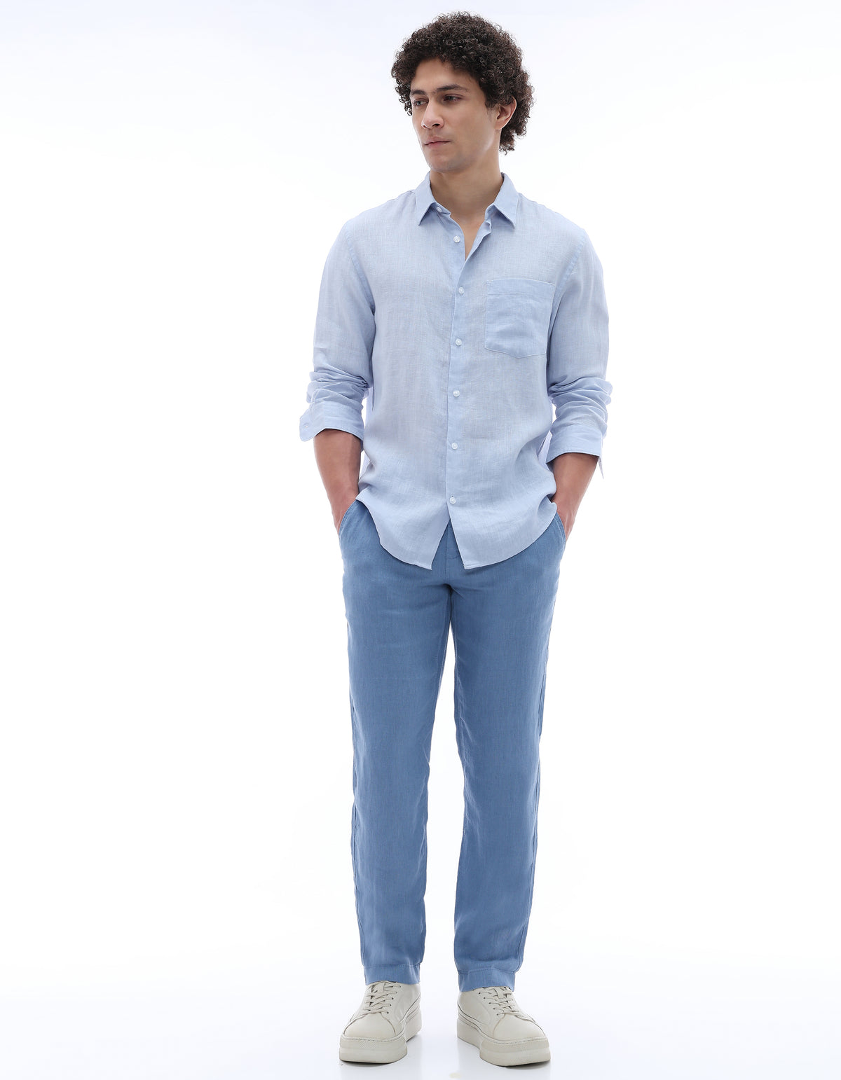 Regular Fit 100% Linen Spread Collar Shirt - Blue