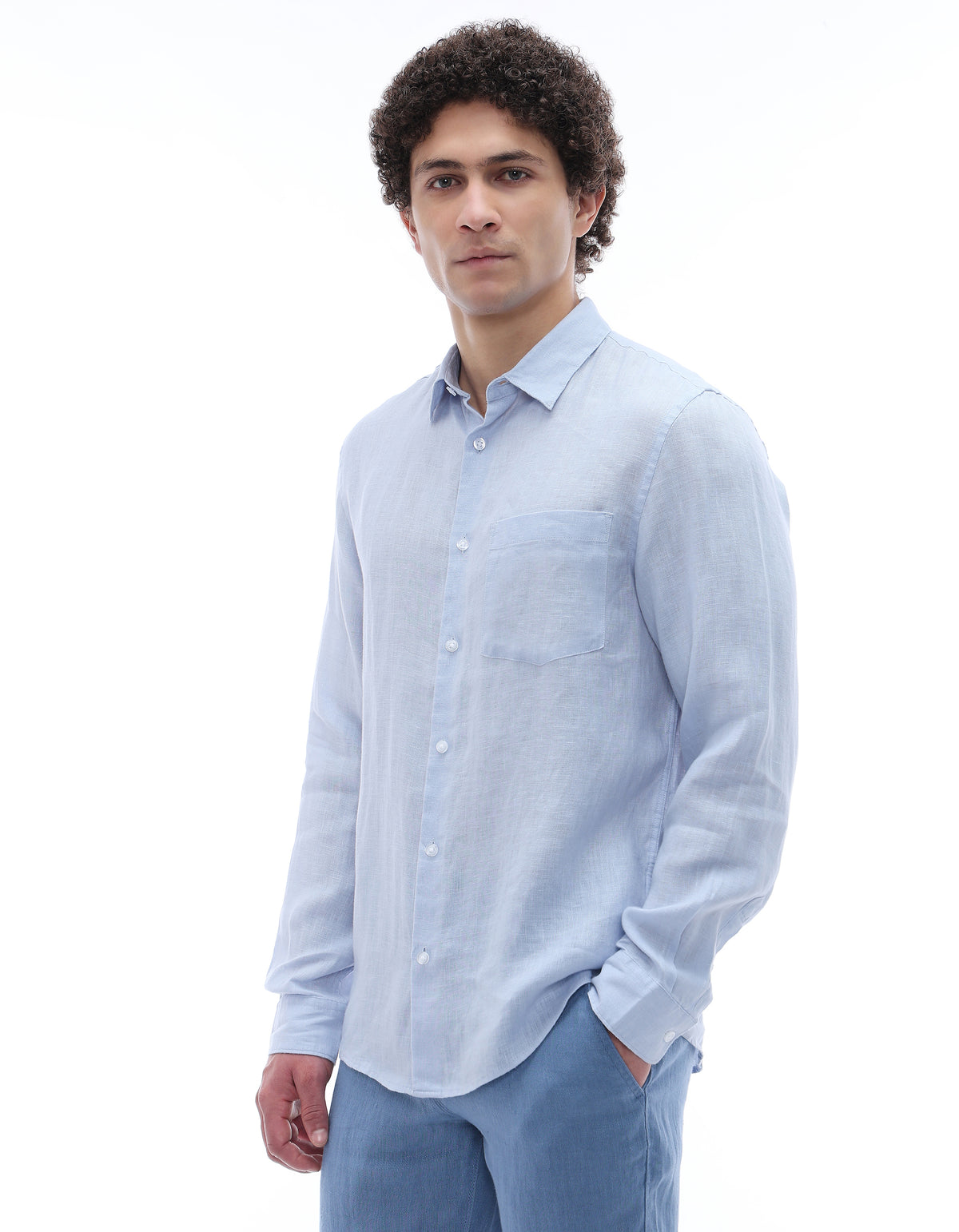 Regular Fit 100% Linen Spread Collar Shirt - Blue