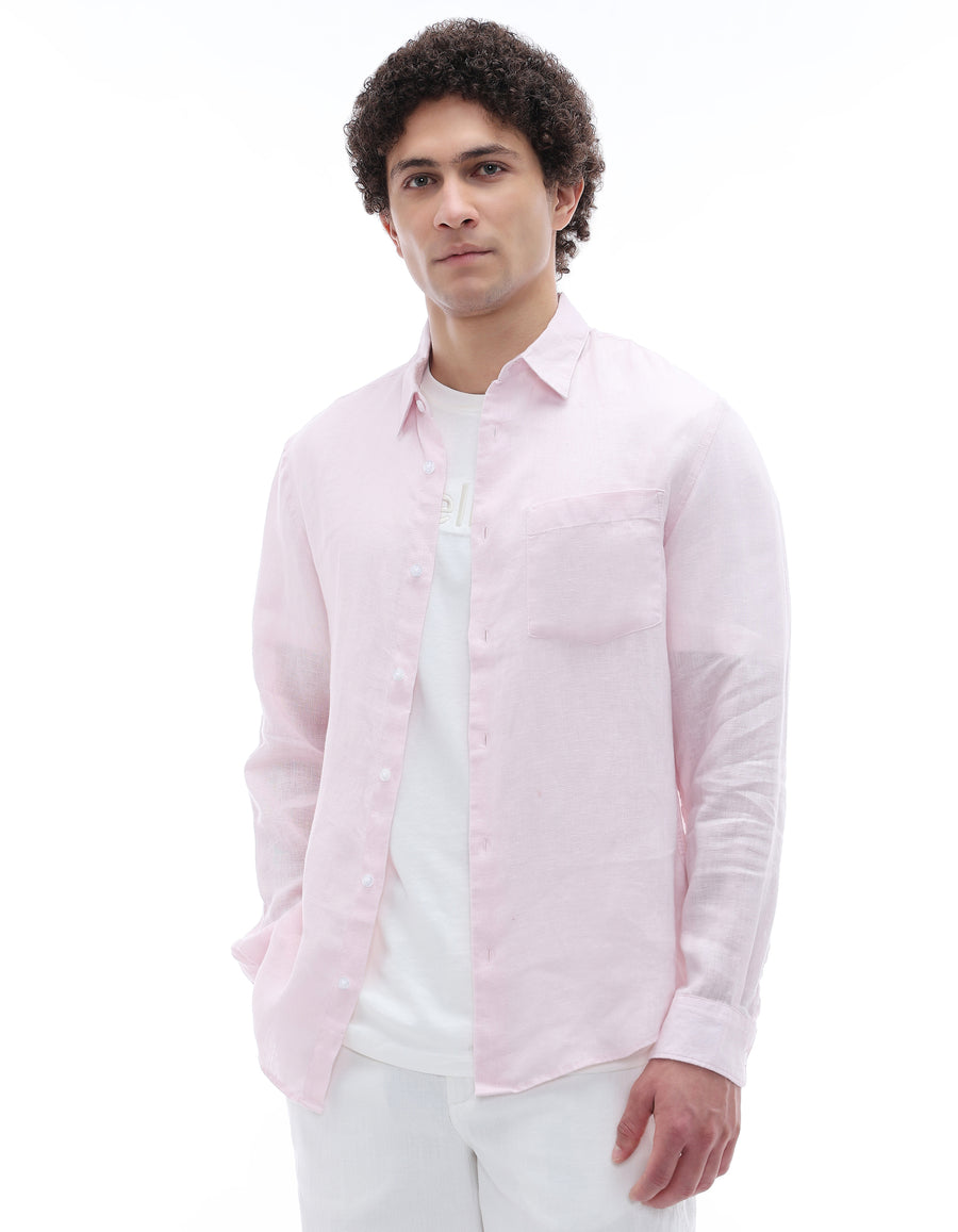 Regular Fit 100% Linen Spread Collar Shirt - Pink