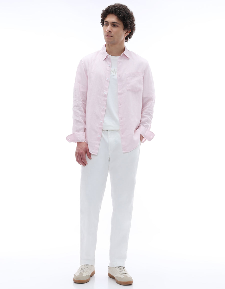Regular Fit 100% Linen Spread Collar Shirt - Pink