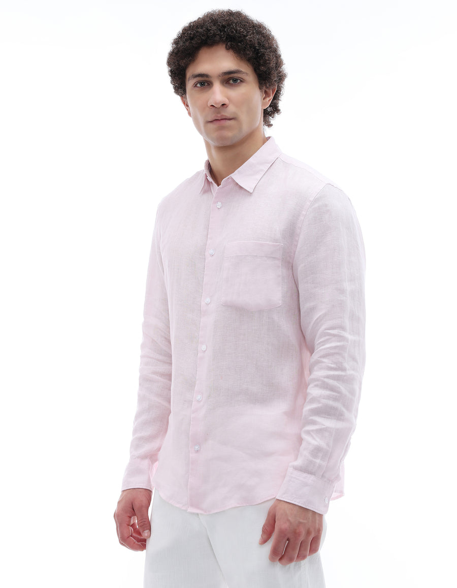 Regular Fit 100% Linen Spread Collar Shirt - Pink