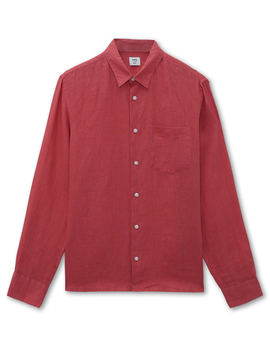 Regular Fit 100% Linen Spread Collar Shirt - Red