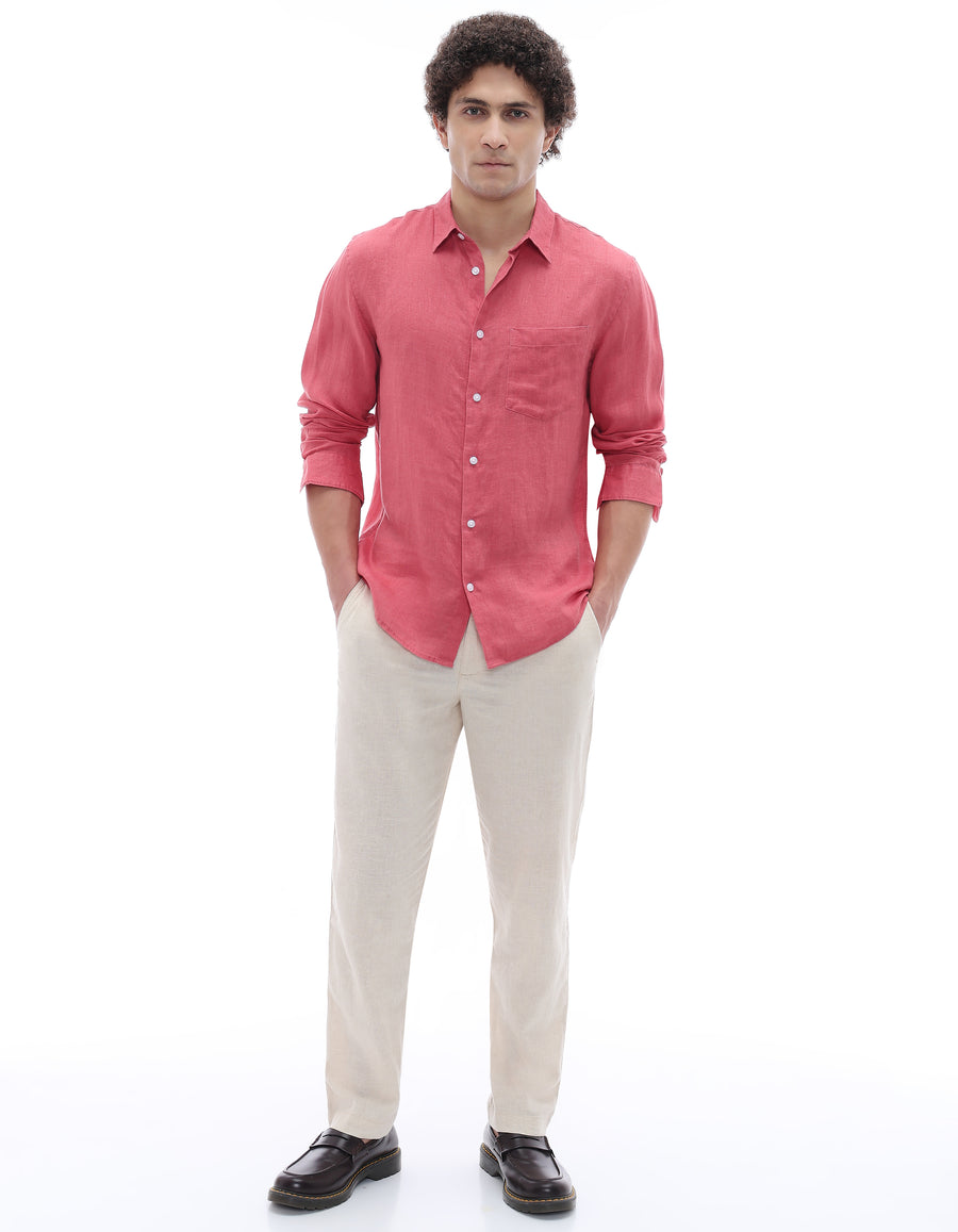 Regular Fit 100% Linen Spread Collar Shirt - Red