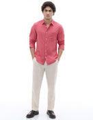 Regular Fit 100% Linen Spread Collar Shirt - Red