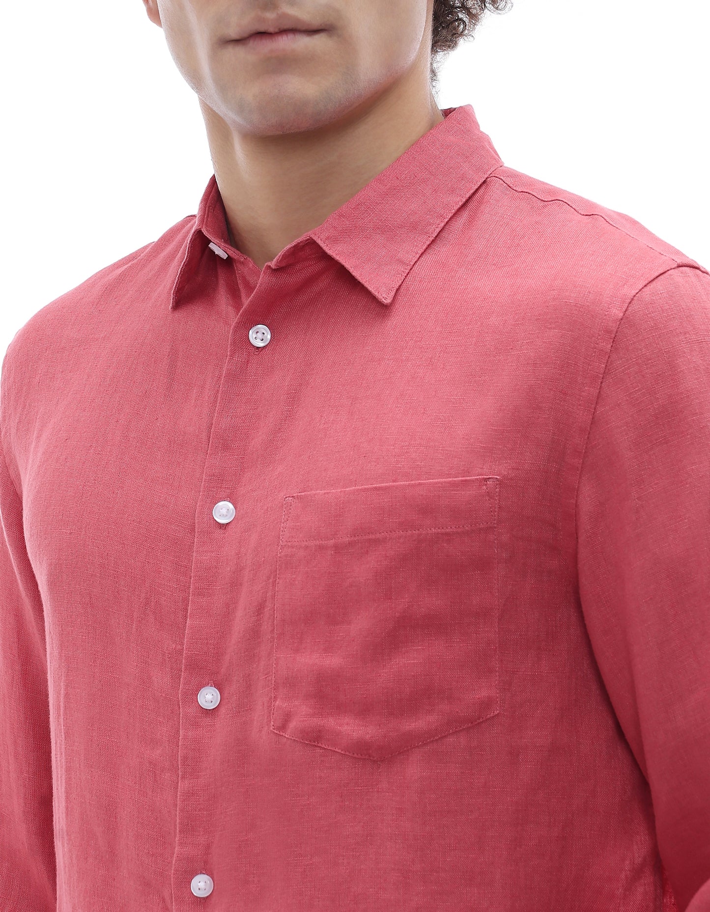 Regular Fit 100% Linen Spread Collar Shirt - Red
