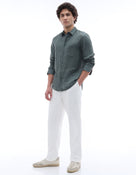 Regular Fit 100% Linen Spread Collar Shirt - Green