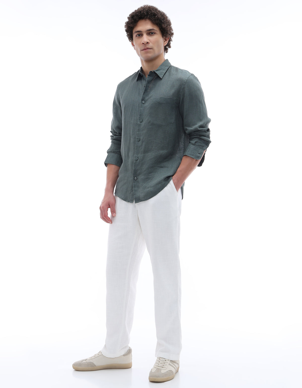 Regular Fit 100% Linen Spread Collar Shirt - Green