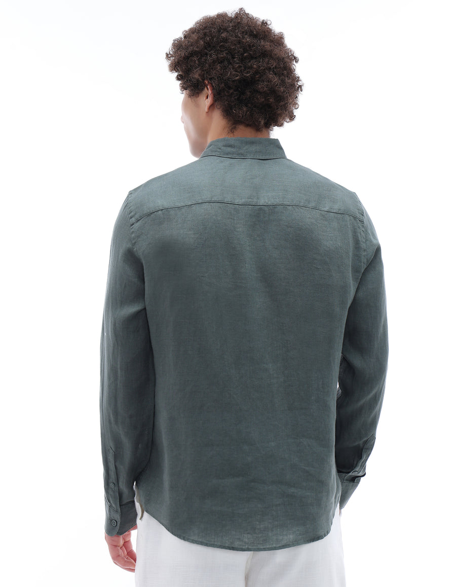 Regular Fit 100% Linen Spread Collar Shirt - Green