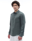Regular Fit 100% Linen Spread Collar Shirt - Green