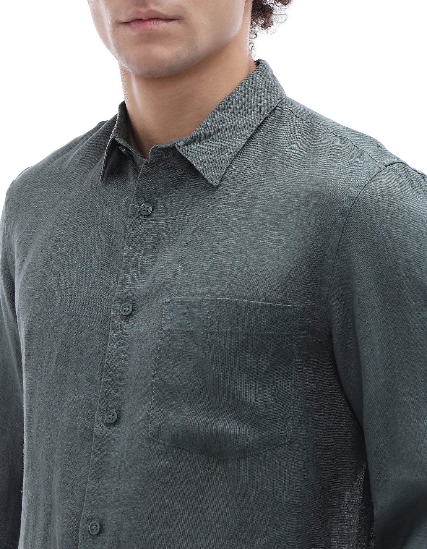 Regular Fit 100% Linen Spread Collar Shirt - Green