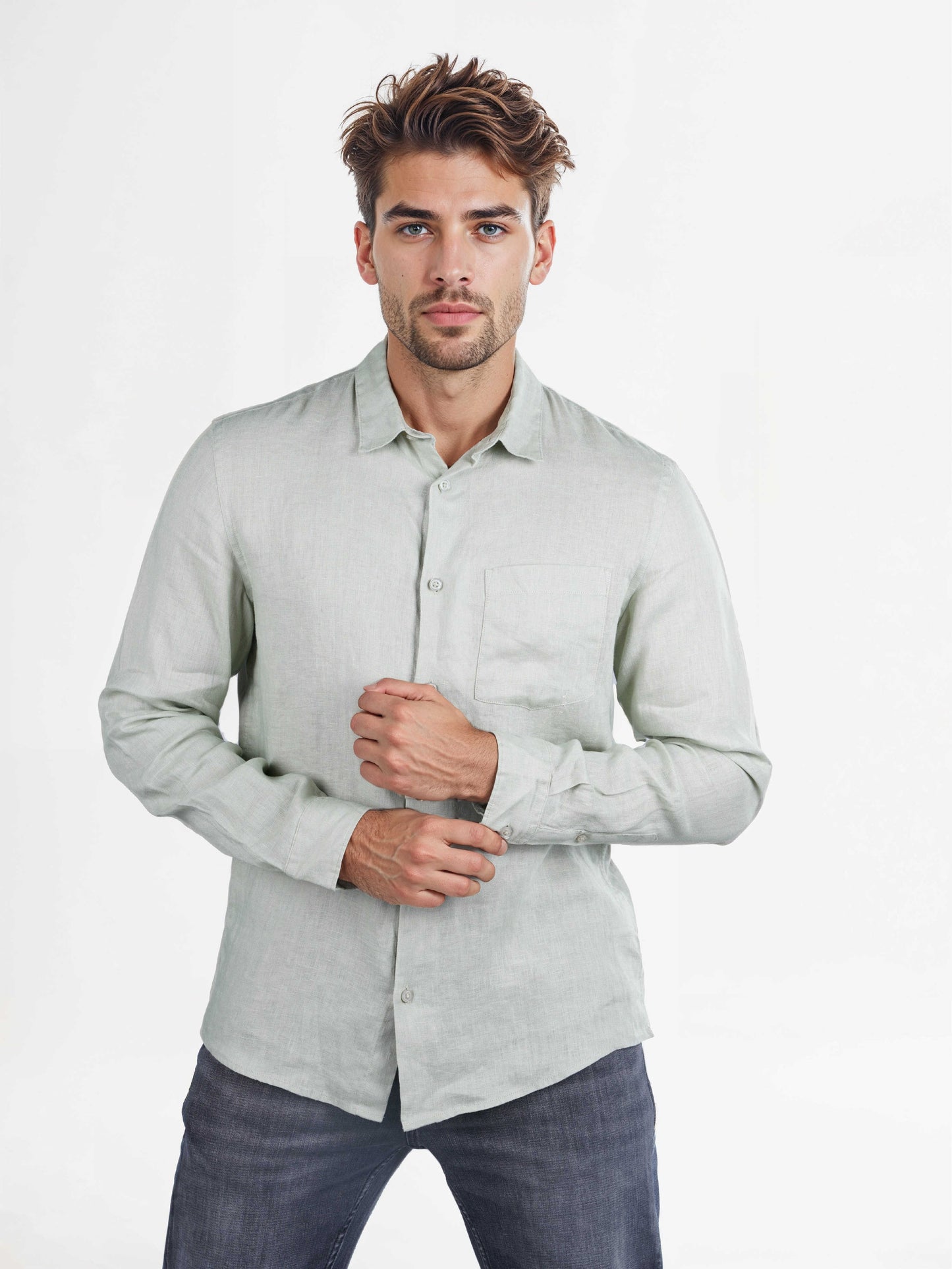 Celio Men Green Solid Regular Fit Linen Shirts