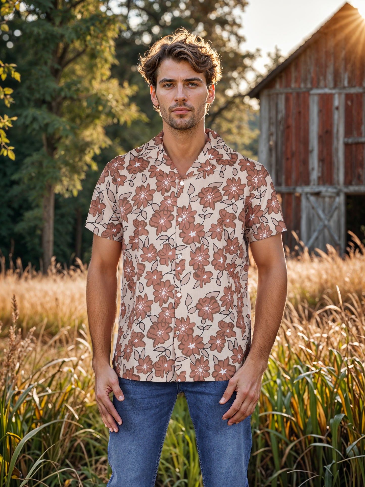 Celio* Floral Regular Fit Cotton Beige Shirt