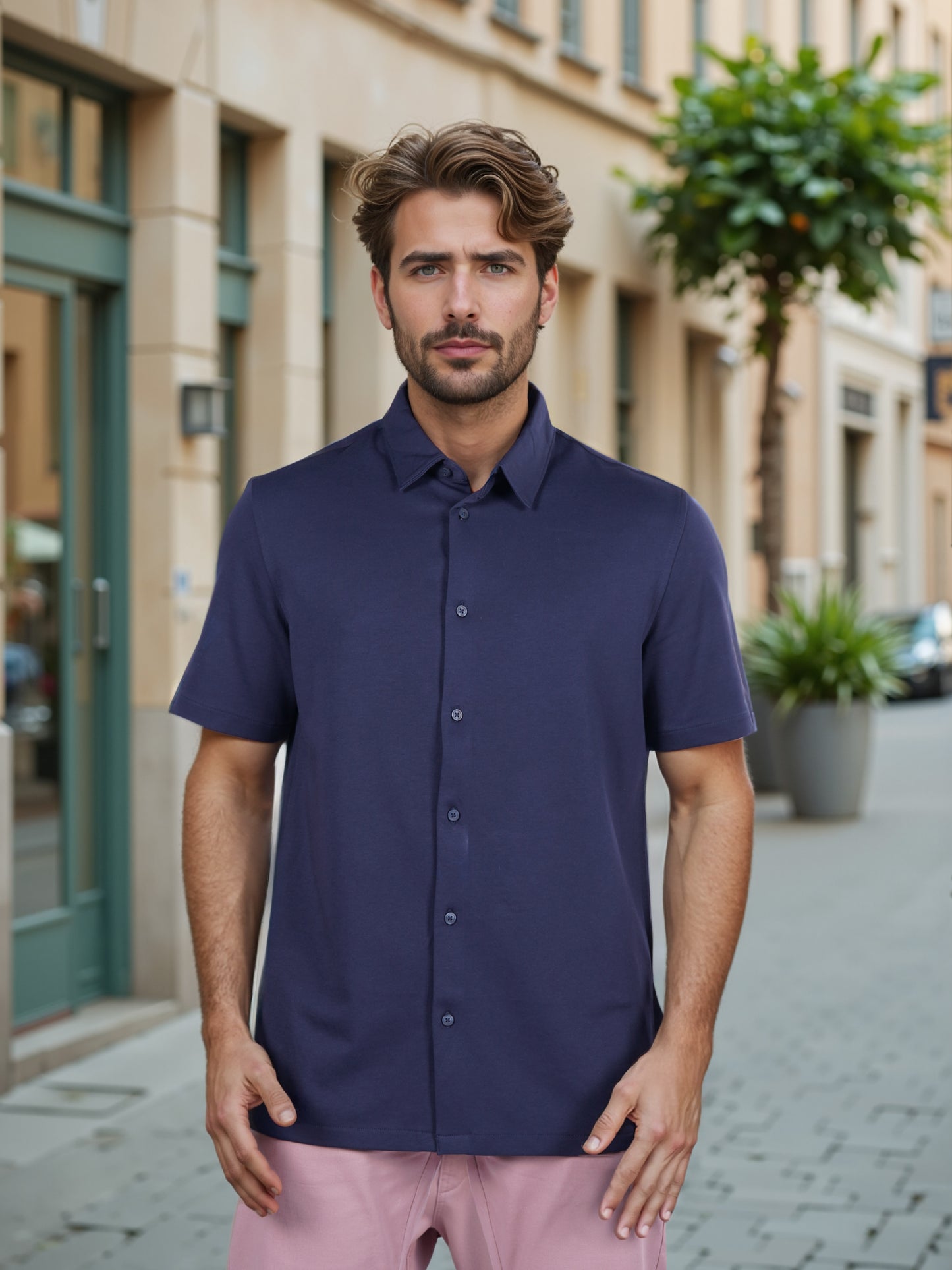 Celio* Solid Regular Fit Poly-Cotton Navy Blue Shirt