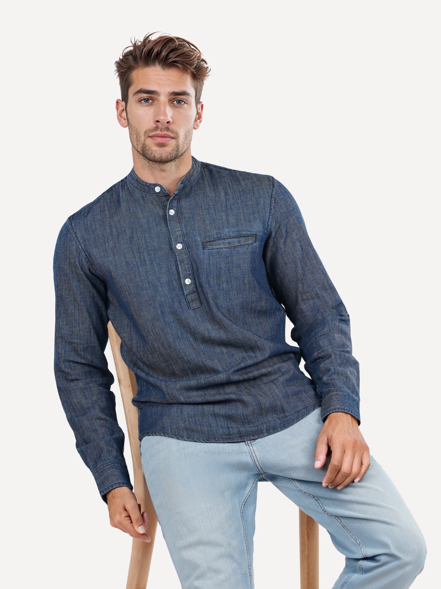 Celio* Solid Regular Fit Cotton-Blend Blue Shirt