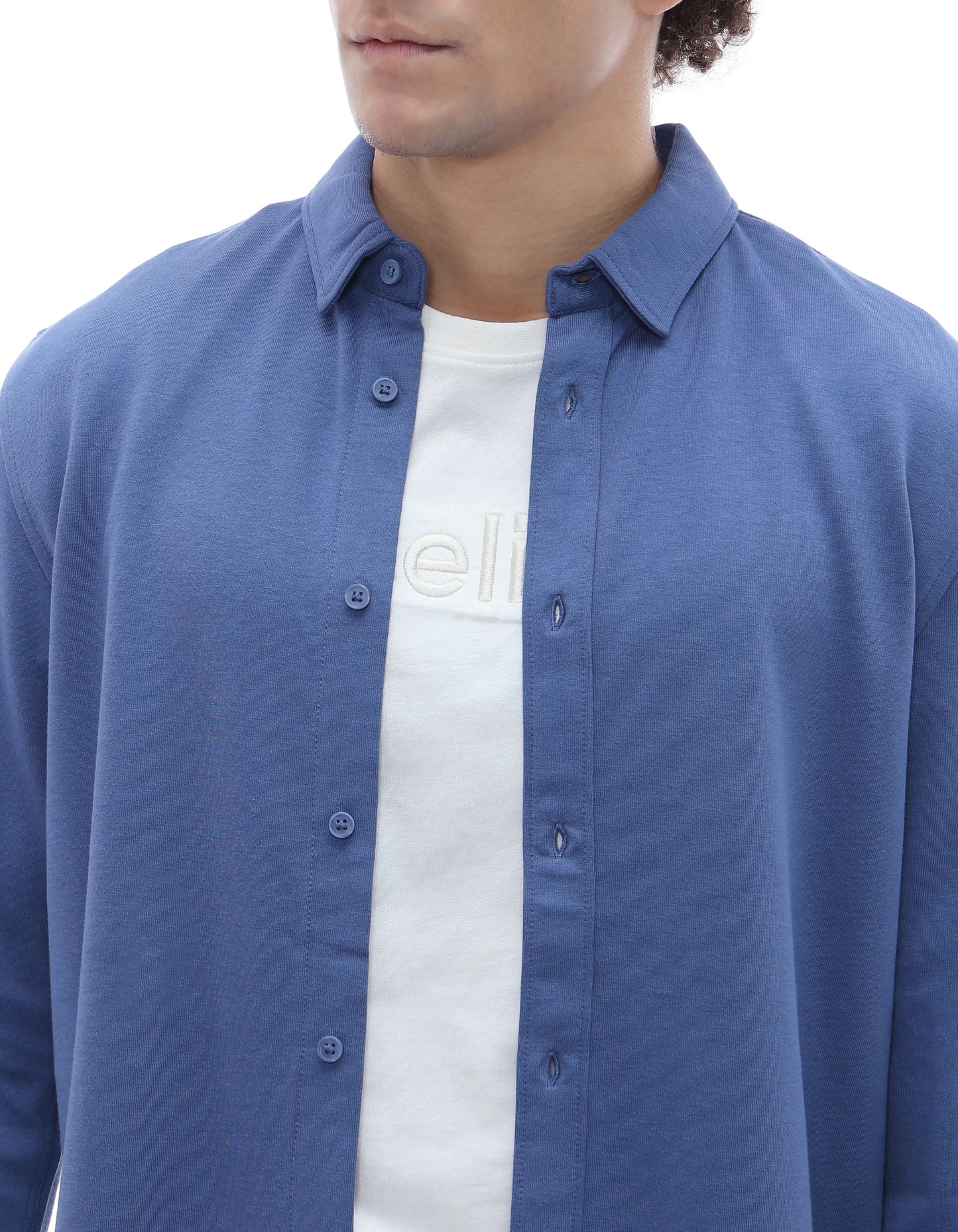 Regular Fit Cotton Blend Spread Collar Shirt - Blue